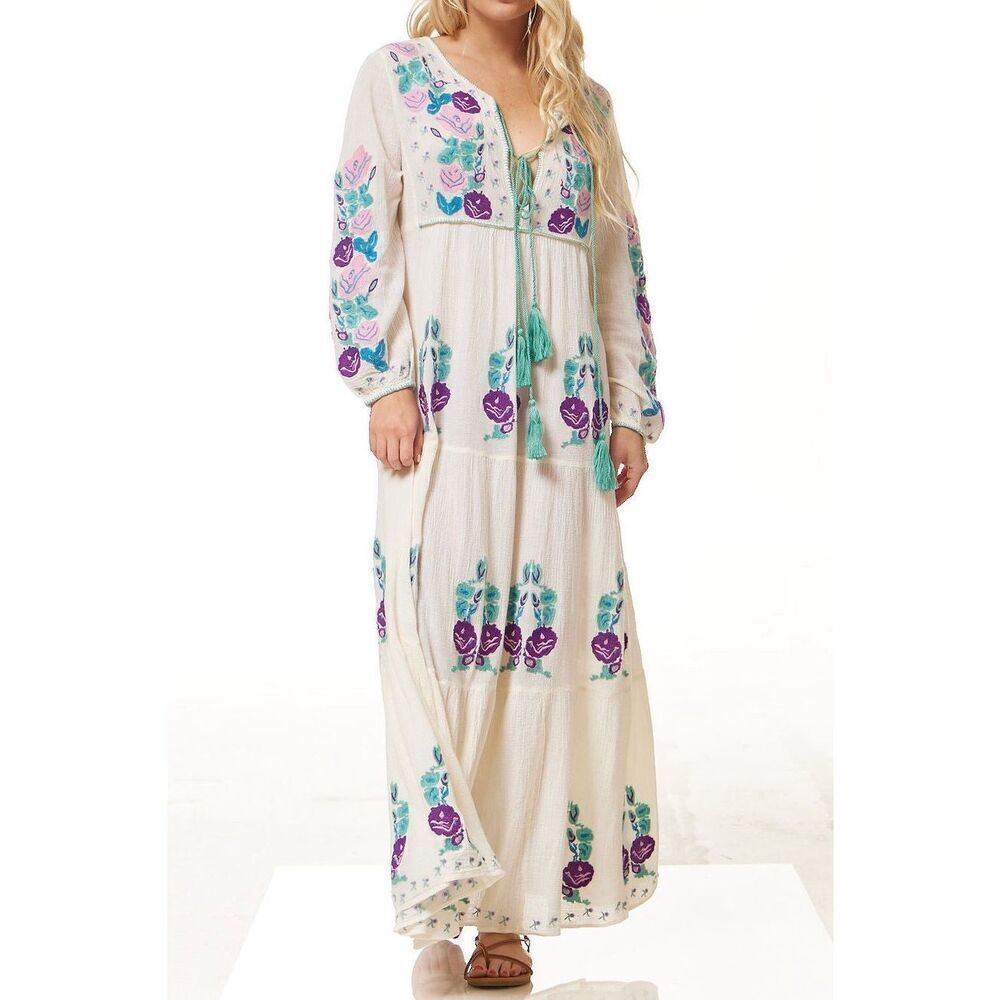 Blue Boheme Lara Embroidered Lightweight Natural Flowy Silhouette Maxi Dress M/L